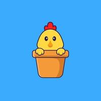 poulet mignon dans un vase à fleurs. concept de dessin animé animal isolé. peut être utilisé pour un t-shirt, une carte de voeux, une carte d'invitation ou une mascotte. style cartoon plat vecteur