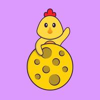 le poulet mignon est sur la lune. concept de dessin animé animal isolé. peut être utilisé pour un t-shirt, une carte de voeux, une carte d'invitation ou une mascotte. style cartoon plat vecteur