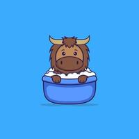 taureau mignon prenant un bain dans la baignoire. concept de dessin animé animal isolé. peut être utilisé pour un t-shirt, une carte de voeux, une carte d'invitation ou une mascotte. style cartoon plat vecteur