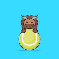 taureau mignon jouant au tennis. concept de dessin animé animal isolé. peut être utilisé pour un t-shirt, une carte de voeux, une carte d'invitation ou une mascotte. style cartoon plat vecteur