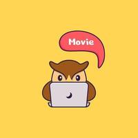 chouette mignonne regarde un film. concept de dessin animé animal isolé. peut être utilisé pour un t-shirt, une carte de voeux, une carte d'invitation ou une mascotte. style cartoon plat vecteur