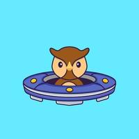 Ovni de vaisseau spatial de conduite de hibou mignon. concept de dessin animé animal isolé. peut être utilisé pour un t-shirt, une carte de voeux, une carte d'invitation ou une mascotte. style cartoon plat vecteur