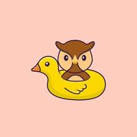 hibou mignon avec bouée de canard. concept de dessin animé animal isolé. peut être utilisé pour un t-shirt, une carte de voeux, une carte d'invitation ou une mascotte. style cartoon plat vecteur