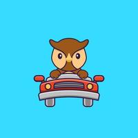 hibou mignon conduit. concept de dessin animé animal isolé. peut être utilisé pour un t-shirt, une carte de voeux, une carte d'invitation ou une mascotte. style cartoon plat vecteur