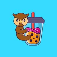 hibou mignon buvant du thé au lait boba. concept de dessin animé animal isolé. peut être utilisé pour un t-shirt, une carte de voeux, une carte d'invitation ou une mascotte. style cartoon plat vecteur