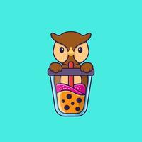 hibou mignon buvant du thé au lait boba. concept de dessin animé animal isolé. peut être utilisé pour un t-shirt, une carte de voeux, une carte d'invitation ou une mascotte. style cartoon plat vecteur