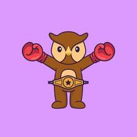 chouette mignonne en costume de boxeur avec ceinture de champion. concept de dessin animé animal isolé. peut être utilisé pour un t-shirt, une carte de voeux, une carte d'invitation ou une mascotte. style cartoon plat vecteur