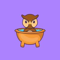 chouette mignonne prenant un bain dans la baignoire. concept de dessin animé animal isolé. peut être utilisé pour un t-shirt, une carte de voeux, une carte d'invitation ou une mascotte. style cartoon plat vecteur