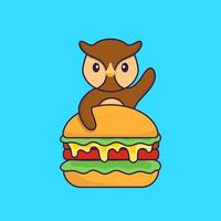 hibou mignon mangeant un hamburger. concept de dessin animé animal isolé. peut être utilisé pour un t-shirt, une carte de voeux, une carte d'invitation ou une mascotte. style cartoon plat vecteur