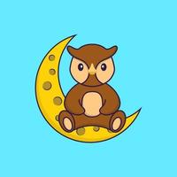 chouette mignonne est assise sur la lune. concept de dessin animé animal isolé. peut être utilisé pour un t-shirt, une carte de voeux, une carte d'invitation ou une mascotte. style cartoon plat vecteur