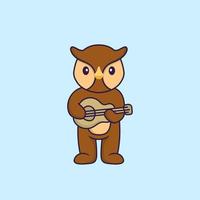 hibou mignon jouant de la guitare. concept de dessin animé animal isolé. peut être utilisé pour un t-shirt, une carte de voeux, une carte d'invitation ou une mascotte. style cartoon plat vecteur
