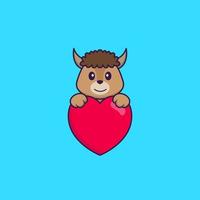 mouton mignon tenant un gros coeur rouge. concept de dessin animé animal isolé. peut être utilisé pour un t-shirt, une carte de voeux, une carte d'invitation ou une mascotte. style cartoon plat vecteur