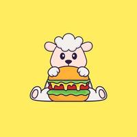 mouton mignon mangeant un hamburger. concept de dessin animé animal isolé. peut être utilisé pour un t-shirt, une carte de voeux, une carte d'invitation ou une mascotte. style cartoon plat vecteur