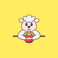 moutons mignons mangeant des nouilles ramen. concept de dessin animé animal isolé. peut être utilisé pour un t-shirt, une carte de voeux, une carte d'invitation ou une mascotte. style cartoon plat vecteur