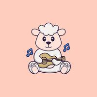 mouton mignon jouant de la guitare. concept de dessin animé animal isolé. peut être utilisé pour un t-shirt, une carte de voeux, une carte d'invitation ou une mascotte. style cartoon plat vecteur