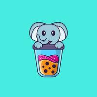 éléphant mignon buvant du thé au lait boba. concept de dessin animé animal isolé. peut être utilisé pour un t-shirt, une carte de voeux, une carte d'invitation ou une mascotte. style cartoon plat vecteur