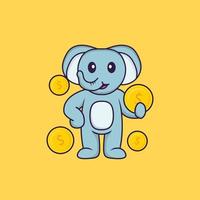 éléphant mignon tenant une pièce de monnaie. concept de dessin animé animal isolé. peut être utilisé pour un t-shirt, une carte de voeux, une carte d'invitation ou une mascotte. style cartoon plat vecteur