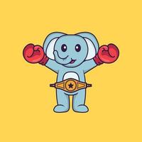 mignon éléphant en costume de boxeur avec ceinture de champion. concept de dessin animé animal isolé. peut être utilisé pour un t-shirt, une carte de voeux, une carte d'invitation ou une mascotte. style cartoon plat vecteur