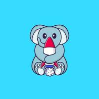 éléphant mignon tenant une fusée. concept de dessin animé animal isolé. peut être utilisé pour un t-shirt, une carte de voeux, une carte d'invitation ou une mascotte. style cartoon plat vecteur