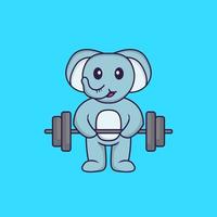 un éléphant mignon soulève la barre. concept de dessin animé animal isolé. peut être utilisé pour un t-shirt, une carte de voeux, une carte d'invitation ou une mascotte. style cartoon plat vecteur