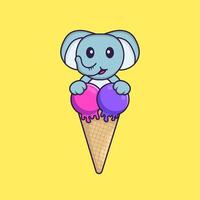 éléphant mignon avec de la crème glacée sucrée. concept de dessin animé animal isolé. peut être utilisé pour un t-shirt, une carte de voeux, une carte d'invitation ou une mascotte. style cartoon plat vecteur