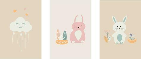 une collection de charmant scandinave style boho bébé cartes avec adorable griffonnage les enfants clipart.mignon dessin animé bohémien garderie affiches.pour douche faire-part, affiches, et plus. vecteur