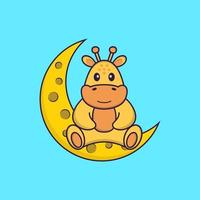la girafe mignonne est assise sur la lune. concept de dessin animé animal isolé. peut être utilisé pour un t-shirt, une carte de voeux, une carte d'invitation ou une mascotte. style cartoon plat vecteur