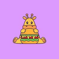 girafe mignonne mangeant un hamburger. concept de dessin animé animal isolé. peut être utilisé pour un t-shirt, une carte de voeux, une carte d'invitation ou une mascotte. style cartoon plat vecteur