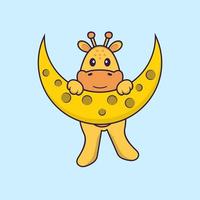 la girafe mignonne est sur la lune. concept de dessin animé animal isolé. peut être utilisé pour un t-shirt, une carte de voeux, une carte d'invitation ou une mascotte. style cartoon plat vecteur