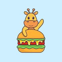 girafe mignonne mangeant un hamburger. concept de dessin animé animal isolé. peut être utilisé pour un t-shirt, une carte de voeux, une carte d'invitation ou une mascotte. style cartoon plat vecteur