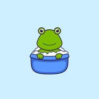 grenouille mignonne prenant un bain dans la baignoire. concept de dessin animé animal isolé. peut être utilisé pour un t-shirt, une carte de voeux, une carte d'invitation ou une mascotte. style cartoon plat vecteur