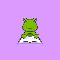 grenouille mignonne lisant un livre. concept de dessin animé animal isolé. peut être utilisé pour un t-shirt, une carte de voeux, une carte d'invitation ou une mascotte. style cartoon plat vecteur