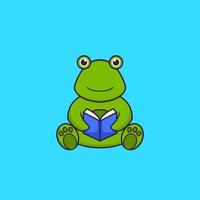 grenouille mignonne lisant un livre. concept de dessin animé animal isolé. peut être utilisé pour un t-shirt, une carte de voeux, une carte d'invitation ou une mascotte. style cartoon plat vecteur