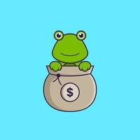 grenouille mignonne jouant dans un sac d'argent. concept de dessin animé animal isolé. peut être utilisé pour un t-shirt, une carte de voeux, une carte d'invitation ou une mascotte. style cartoon plat vecteur