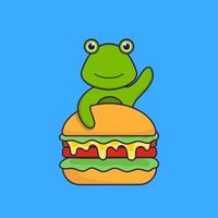 grenouille mignonne mangeant un hamburger. concept de dessin animé animal isolé. peut être utilisé pour un t-shirt, une carte de voeux, une carte d'invitation ou une mascotte. style cartoon plat vecteur