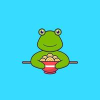 grenouille mignonne mangeant des nouilles ramen. concept de dessin animé animal isolé. peut être utilisé pour un t-shirt, une carte de voeux, une carte d'invitation ou une mascotte. style cartoon plat vecteur