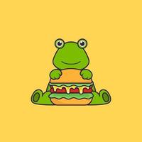 grenouille mignonne mangeant un hamburger. concept de dessin animé animal isolé. peut être utilisé pour un t-shirt, une carte de voeux, une carte d'invitation ou une mascotte. style cartoon plat vecteur