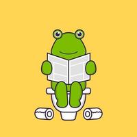 grenouille mignonne qui fait caca sur les toilettes et lit le journal. concept de dessin animé animal isolé. peut être utilisé pour un t-shirt, une carte de voeux, une carte d'invitation ou une mascotte. style cartoon plat vecteur