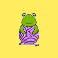 grenouille mignonne jouant avec du fil de laine. concept de dessin animé animal isolé. peut être utilisé pour un t-shirt, une carte de voeux, une carte d'invitation ou une mascotte. style cartoon plat vecteur