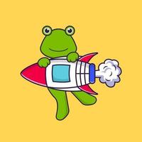 grenouille mignonne volant sur la fusée. concept de dessin animé animal isolé. peut être utilisé pour un t-shirt, une carte de voeux, une carte d'invitation ou une mascotte. style cartoon plat vecteur