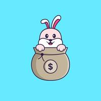 lapin mignon jouant dans un sac d'argent. concept de dessin animé animal isolé. peut être utilisé pour un t-shirt, une carte de voeux, une carte d'invitation ou une mascotte. style cartoon plat vecteur