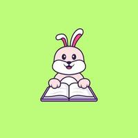 lapin mignon lisant un livre. concept de dessin animé animal isolé. peut être utilisé pour un t-shirt, une carte de voeux, une carte d'invitation ou une mascotte. style cartoon plat vecteur