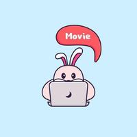 lapin mignon regarde un film. concept de dessin animé animal isolé. peut être utilisé pour un t-shirt, une carte de voeux, une carte d'invitation ou une mascotte. style cartoon plat vecteur