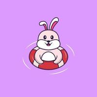 le lapin mignon nage avec une bouée. concept de dessin animé animal isolé. peut être utilisé pour un t-shirt, une carte de voeux, une carte d'invitation ou une mascotte. style cartoon plat vecteur