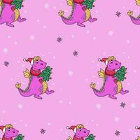 Noël sans couture modèle dragon avec Noël arbre sur rose Contexte avec flocons de neige. vecteur illustration branché rose esthétique pour Nouveau année conception, fond d'écran, emballage, textile.