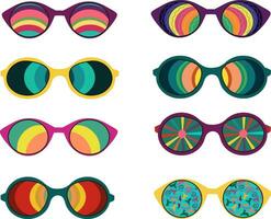 ensemble de géométrique abstrait lunettes de soleil.années 70 rétro hippie style.vibes froussard lunettes avec déco éléments.vintage nostalgie psychédélique éléments. vecteur
