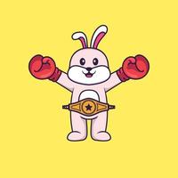 lapin mignon en costume de boxeur avec ceinture de champion. concept de dessin animé animal isolé. peut être utilisé pour un t-shirt, une carte de voeux, une carte d'invitation ou une mascotte. style cartoon plat vecteur