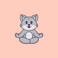 chat mignon médite ou fait du yoga. concept de dessin animé animal isolé. peut être utilisé pour un t-shirt, une carte de voeux, une carte d'invitation ou une mascotte. style cartoon plat vecteur