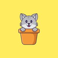 chat mignon dans un vase à fleurs. concept de dessin animé animal isolé. peut être utilisé pour un t-shirt, une carte de voeux, une carte d'invitation ou une mascotte. style cartoon plat vecteur