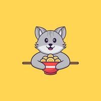 chat mignon mangeant des nouilles ramen. concept de dessin animé animal isolé. peut être utilisé pour un t-shirt, une carte de voeux, une carte d'invitation ou une mascotte. style cartoon plat vecteur